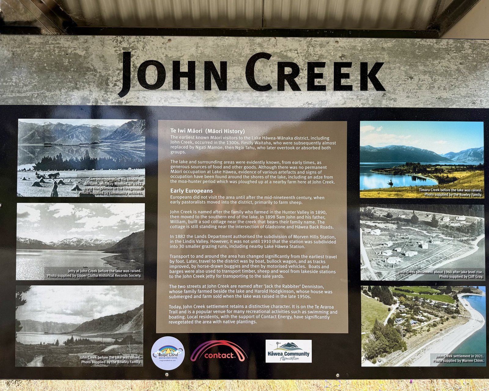 Johns Creek history sign near The Black Shack, Lake Hawea