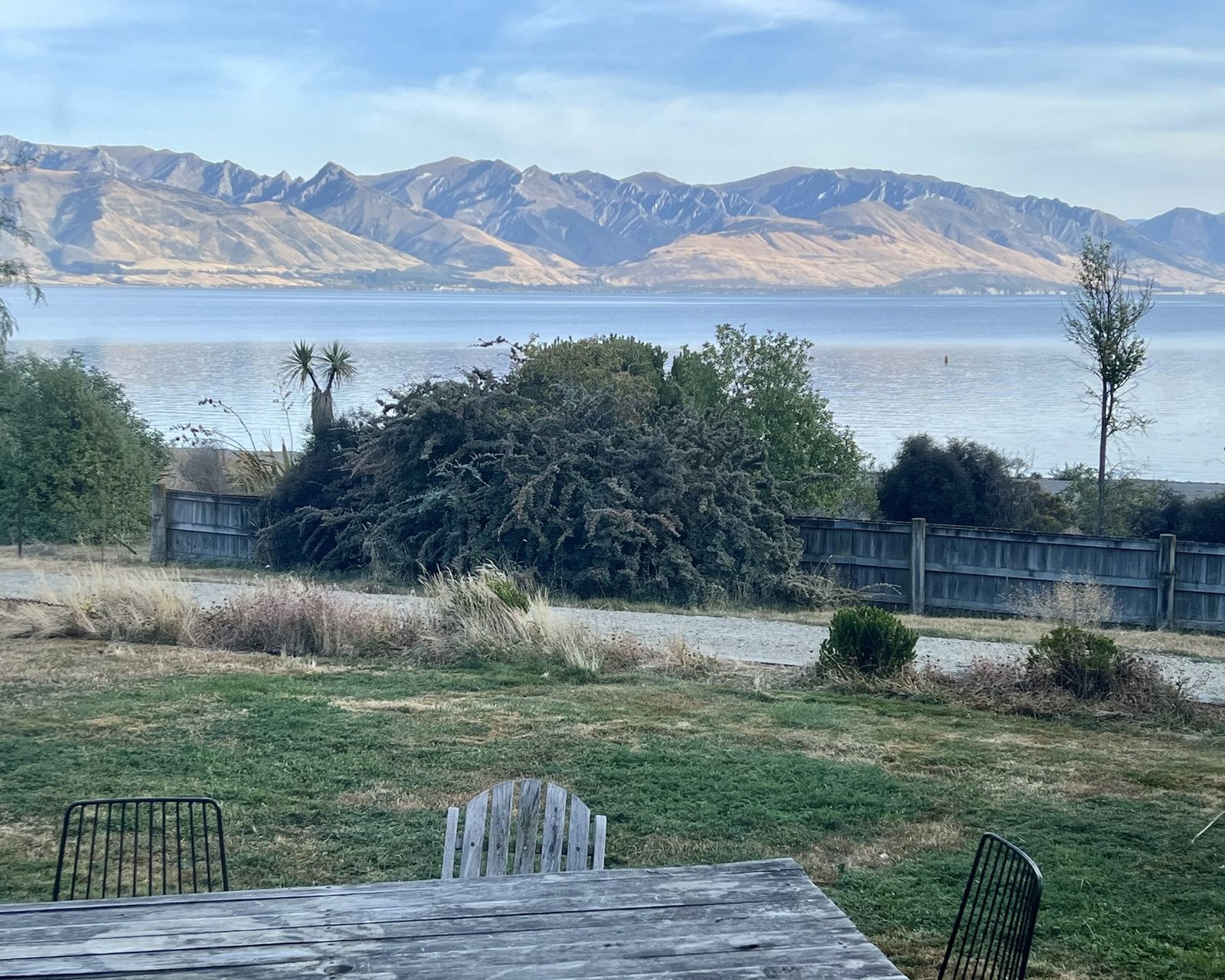 View of Lake Hawea from the deck table, The Black Shack