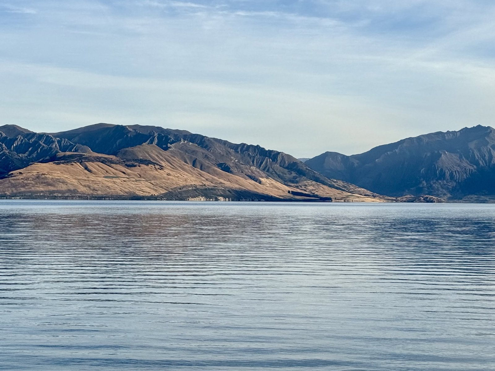 Lake Hawea with mountains, calm water